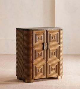 Mueble Bar Curvo de Roble Estilo Art Deco Personalizado con Encimera de Mármol Gris y Tallado Geométrico para Almacenamiento de Vino y Bebidas, Ideal para Villas, Hoteles y Salas de Estar - Product Image 5