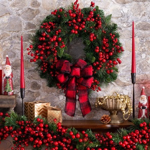 Guirlande <span class=keywords><strong>de</strong></span> Noël à suspendre à la <span class=keywords><strong>porte</strong></span>, nœud rouge à carreaux, baies, décoration <span class=keywords><strong>de</strong></span> Noël artificielle, couronne <span class=keywords><strong>pour</strong></span> la ferme, intérieur et extérieur - Product Image 1