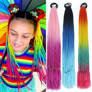 Sintético Colorido Trançado Rabo De Cavalo Extensão Do Cabelo Rainbow Cor Tranças Pony Tail Com Elástico Girl's Pigtail