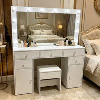 Coiffeuse blanche avec miroir éclairé, grands tiroirs de rangement, tabouret rembourré, ensemble moderne pour chambre à coucher