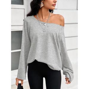 Sweat-shirt asymétrique à épaules dénudées pour femme, manches longues, tricoté, coupe ample, gris, respirant, léger - Product Image 4