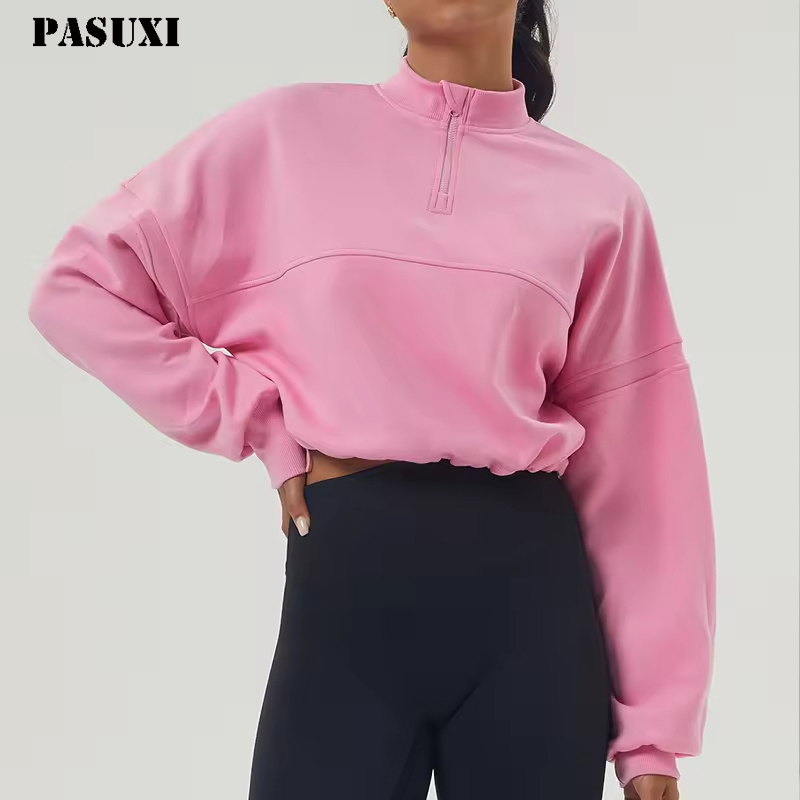 PASUXI 2025 Women's Sports Sweatshirt Jacket New Half Zipper Stand Collar Long Sleeve Loose Fitness Top Yoga Breathable