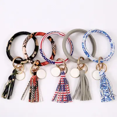 High Quality PU Leather Wristlet Keychain Bracelet Bangle Big O Loop Silicone Key ring Bracelet With Tassel Hand Chain Bracelet