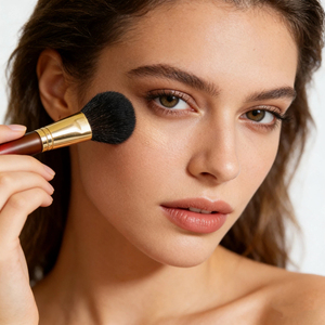 Pinceau à blush vegan en poils synthétiques avec manche en bois YRX pour l'application de poudre, pinceau de maquillage pour le visage, OEM. - Product Image 3