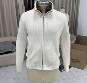 เสื้อคาร์ดิแกนผู้ชาย <span class=keywords><strong>Yupoo</strong></span> คอโอ แต่งปกขนเฟอร์เทียม ซิปหน้า สีครีม ผ้าถักริบหนา สไตล์วินเทจ หรูหรา เสื้อคลุมฤดูหนาว - Product Image 2