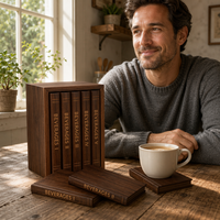 Ensemble de 5 sous-verres de luxe faits à la main en forme de livre en noyer avec support, gravure laser BEVERAGES I V, pour la décoration de bar à domicile ou de mariage