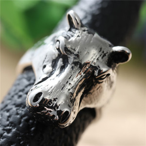 Hippo <b>Head</b> Ring Titanium Steel Men's Punk <b>Style</b> Animal Shape Silver Color Gift Jewelry 27046 - Product Image 4