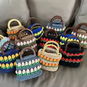 Bolso de tulipán tejido de punto simple para mujer, bolso de punto de ganchillo hecho a mano, bolso de regalo para novia