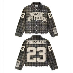 Camisa de Franela Personalizada para Hombre, Corte Holgado, con Brillo, Perlas, Pedrería, Bordado, Estampado Casual, Cuello Mao, Botones, Cuadros, 100% Algodón - Product Image 2