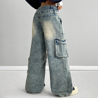Hangyue Jean Cargo Délavé Style Hip-hop Boyfriend Baggy Taille Haute Double pour Femme, Coupe Décontractée, Vêtement Urbain pour l'Hiver