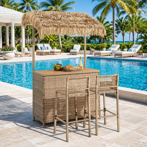 Ensemble de bar de piscine en acier robuste, ensemble bistrot en rotin PE avec design Tiki Hut - Product Image 1