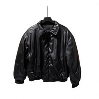 Blouson Bomber en Cuir Noir pour Homme, Col Rabattu, Fermeture Éclair, Coupe Décontractée Hiver, Couleur Unie, Logo Avant