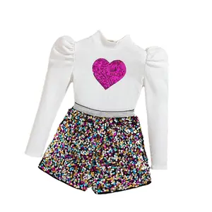 Boutique nuovo abito da ragazza di san valentino tinta unita a forma di cuore scintillante a manica lunga a sbuffo vestito di paillettes per ragazze