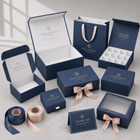 Coffret cadeau cosmétique magnétique rigide bleu marine avec logo en feuille d'or rose, insert en mousse pour sérum et crème pour le visage