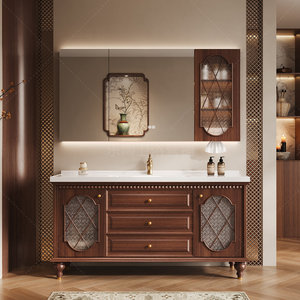 Mueble de baño retro de madera maciza, gabinete con espejo integrado y almacenamiento, encimera de mármol. - Product Image 6