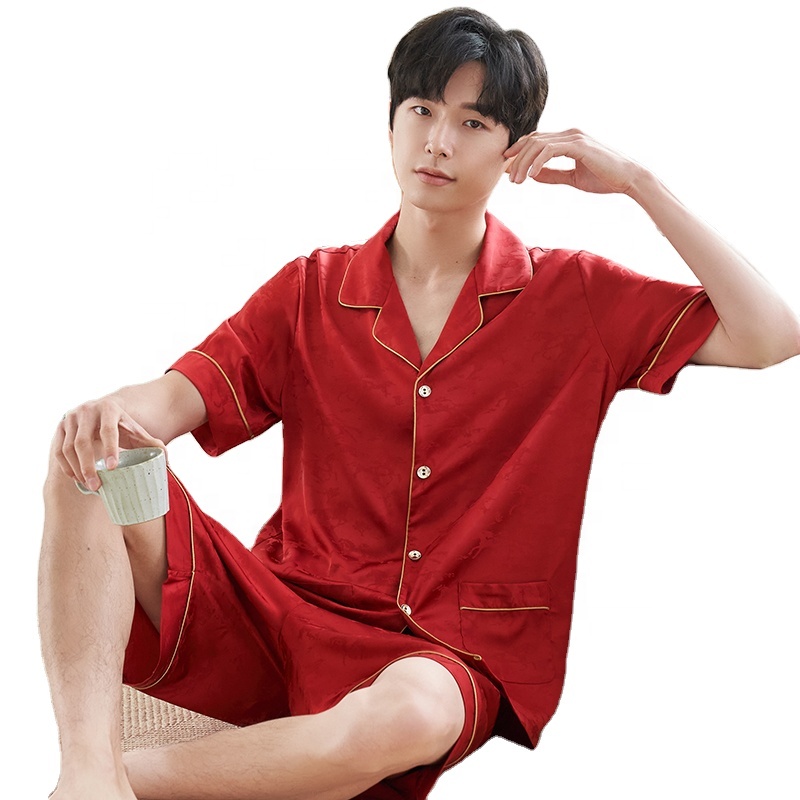 2021 Summer Man's Short Pajamas Red color Turn Down Collar Satin Pajamas With Short Sleeve