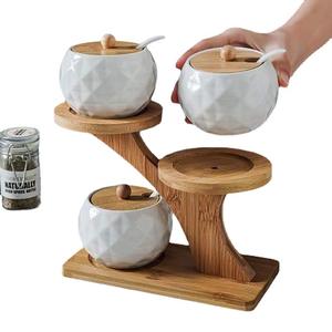 Ensemble de trois pièces : Étagère à épices sur pied à trois niveaux pour la cuisine, organisateur de condiments, pots à sel et <span class=keywords><strong>sucre</strong></span> - Product Image 1