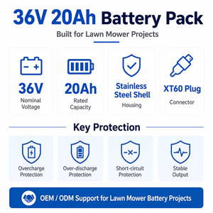 OEM ODM Maaierbatterij 36V 20Ah LiFePO4 Batterijpakket XT60 4000 Cycli CAN BMS -20 ° C Ontlading voor gazonmaaier en tuingereedschap - Product Image 2