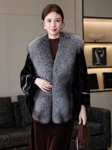 Manteau en fourrure de vison naturel haut de gamme pour <span class=keywords><strong>femme</strong></span> avec grand col en fourrure de renard <span class=keywords><strong>argenté</strong></span>, veste d'hiver luxueuse et fourrée, grande taille, vêtement d'extérieur - Product Image 1