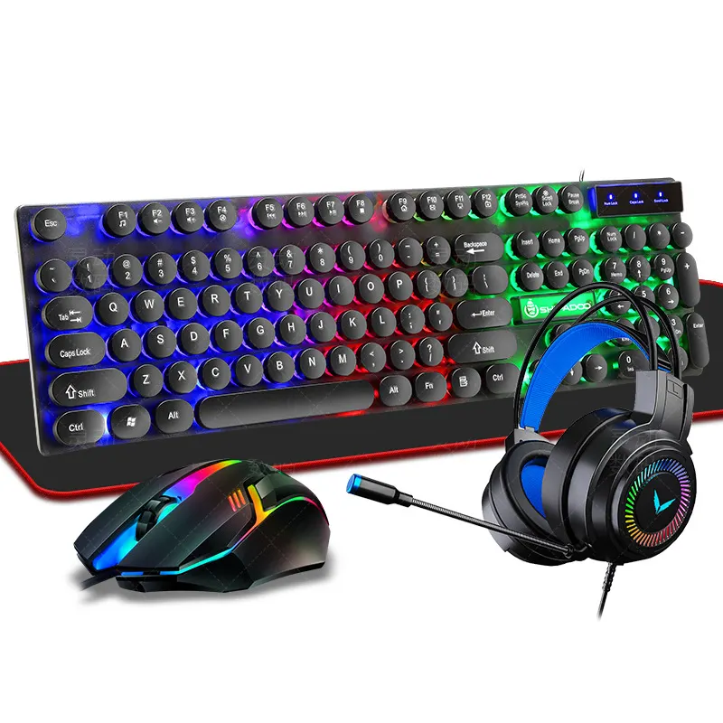 Best selling LED RGB Dest Computer Gaming Keyboard Mouse Combo 4in1 Kit with Headphone Pad Computer Gamer Set