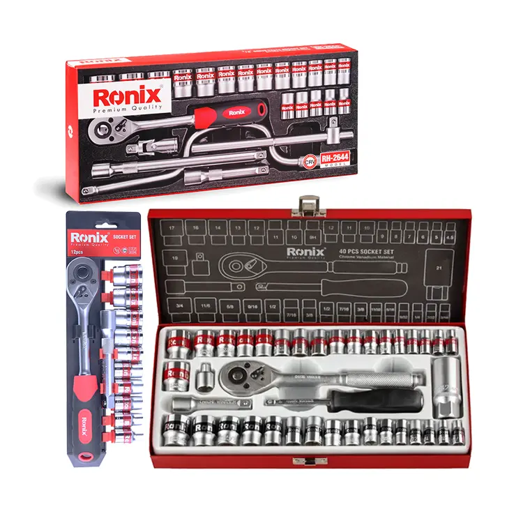 Ronix all'ingrosso 12 pezzi 24 pezzi 40 pezzi Set di prese in acciaio professionale Set di chiavi a cricchetto 1/4 3/8 Socket Kit per riparazione auto