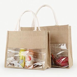 Custom Shopping <b>Gift</b> Bridesmaids Birthday Wine Decorated Recycled Transparent Tote Jute <b>Bag</b> With Window - Product Image 1