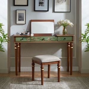 Retro <b>Dressing</b> <b>Table</b> With Mirror And Stool Green Painted Wood Makeup <b>Vanity</b> Desk Combination For Bedroom Adult Use - Product Image 4