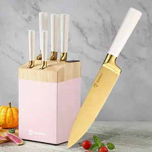 Premium German Steel White Hollow Handle Professional 6 Pieces Golden Blade Knife Set With Block