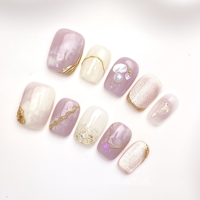 Ongles à presser 100% faits main, dégradé d'encre violet taro, effet œil de chat, coquille de nacre, fil doré, ongles courts carrés délicats