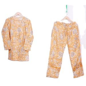 Pyjama décontracté pour femme en satin 100 % coton, imprimé à la main, taille élastique, respirant, manches longues, collection automne - Product Image 4