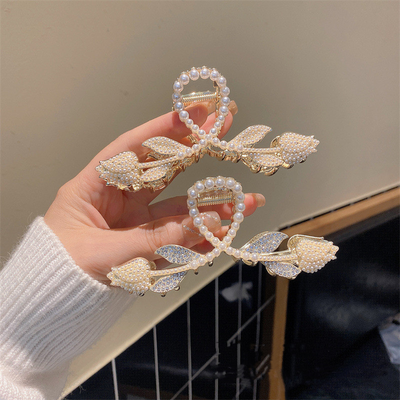 Заколка-Тюльпан Женская, элегантная металлическая большая заколка для волос в Корейском стиле, с жемчужинами, цветами и стразами, летняя