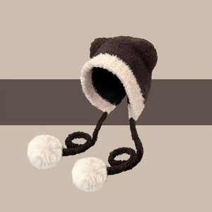 Bonnets d'hiver drôles en tricot bicolore pour femme et fille pour adulte Bonnet en fourrure douillette Bonnet en tricot avec oreilles pom pom - Product Image 2