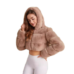 Veste en fausse fourrure à capuche pour femme, sur mesure, style court, manteau patchwork en fausse fourrure de lapin, manteau d'hiver, fournisseur en gros OEM. - Product Image 3