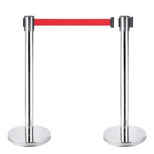 stainless steel Retractable Queue Line hotel Crowd Control Stanchion Stand line rope barrier with Red colorful Cassette Belt