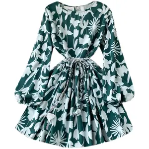 Wholesale Discount Women Long Sleeve Elegant Casual Emerald Green Floral Dress For Ladies