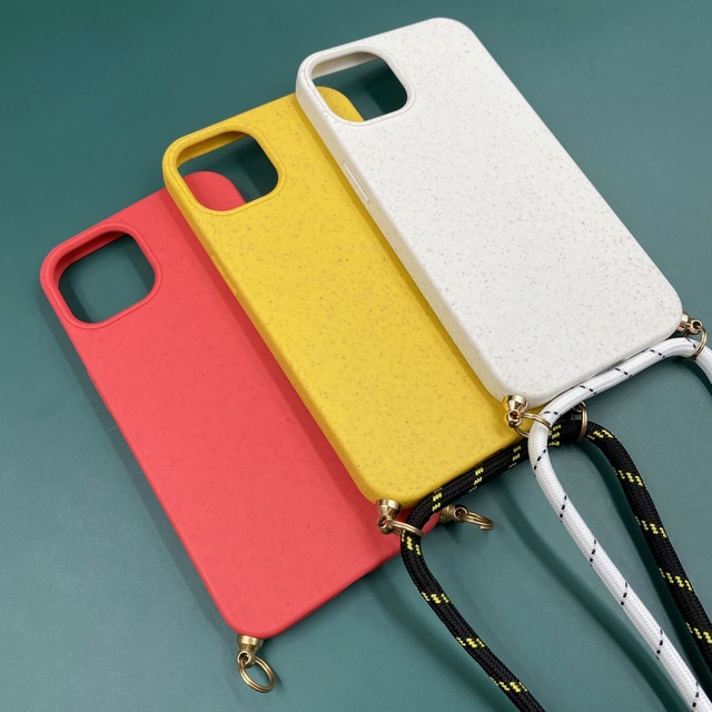 Biodegradable Wheat Straw Recycle Mobile Phone Cases for iPhone 15 Pro Max with Neck Lanyard Case for Samsung Galaxy S22 S23