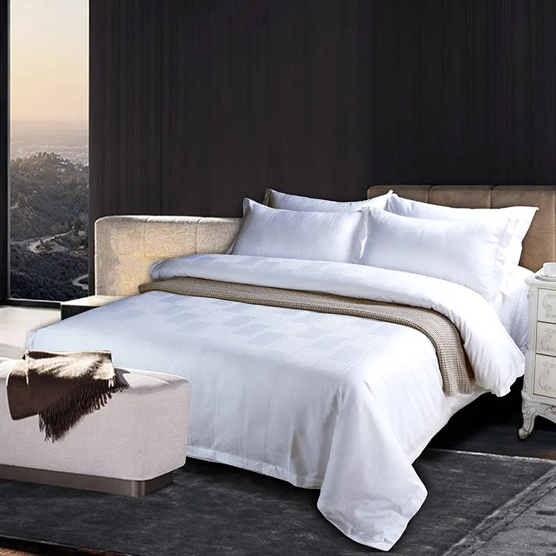 اسم العلامة التجارية غطاء سرير تصميم خاص 100% القطن الساتين طقم فراش فندقي