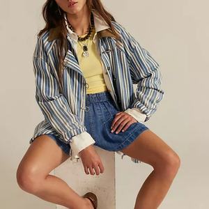 Chaqueta Holgada a Rayas para Mujer con Cuello de Pana - Estilo Boho para Venta al por Mayor, Abrigo Azul y Blanco de Moda - Product Image 2