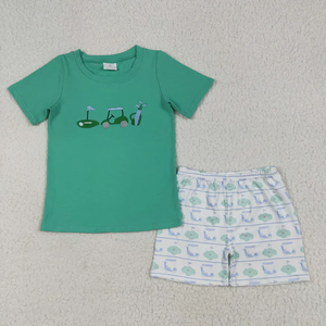 Ensemble 2 pièces d'été pour tout-petits (filles et garçons) : T-shirt brodé voiturette de golf et short imprimé – Tenue de sport en gros - Product Image 3