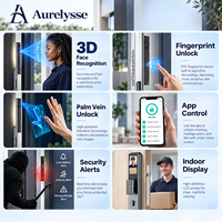 Serrure de porte intelligente Aurelysse HXF avec reconnaissance faciale 3D, lecture de la veine palmaire, empreinte digitale et caméra, entrée sans clé en alliage d'aluminium pour villas