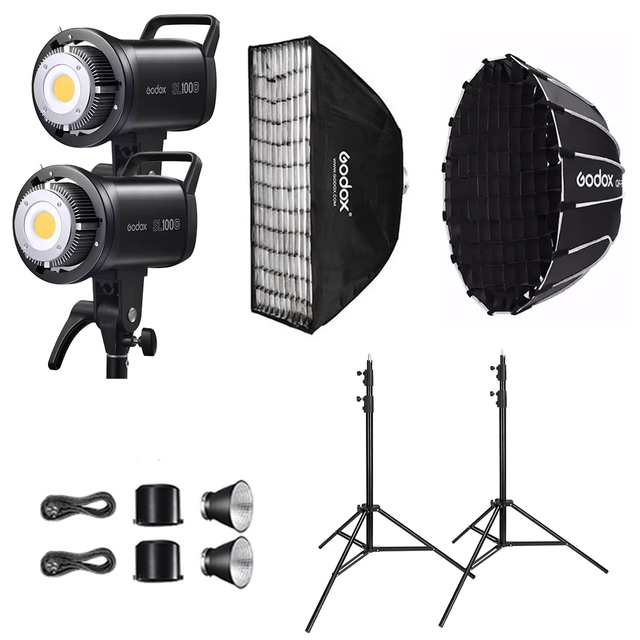 Godox SL100D Photo Dual LED Light Professional Video Studio Light with 2.8m Stand 60*90cm Softbox QR-P60T Soft Box Lighting Kit