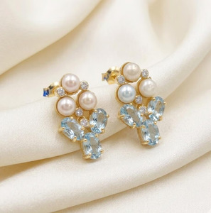 Romantic Gold Plated Brass <b>Blue</b> Topaz Pearl <b>Stud</b> <b>Earrings</b> with Cubic Zirconia for Women Wedding Jewelry - Product Image 2