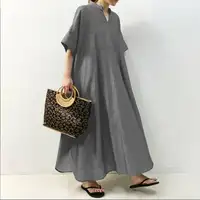 नई 2022 देवियों प्लस आकार ग्रे ढीला स्विंग कपास सनी मैक्सी पोशाक डिजाइनर विंटेज पोशाक थोक 4715