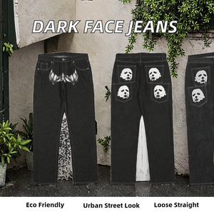 กางเกงยีนส์ผู้ชายทรงตรงสไตล์ลำลองเอวกลางสีเดนิมฟอกกลางพิมพ์ลายหน้าดำแฟชั่น ระบายอากาศได้ดี เป็นมิตรกับสิ่งแวดล้อม - Product Image 2