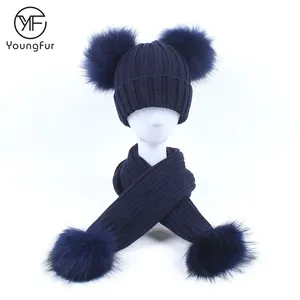 Fashion Winter Knitted Beanie Hats and Scarf Sets for Mommy and Me With Raccoon Fur Pompoms for Women and Kids