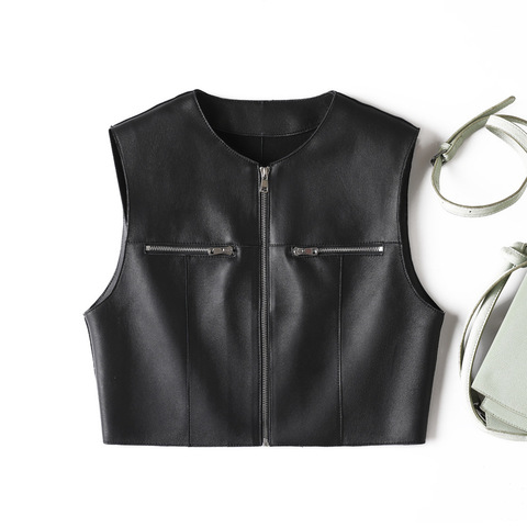 4901 Wholesale Spring Fall Female Solid Color Zipper Cropped Sleeveless Leather Vest for Women