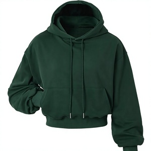 Sudadera con Capucha Corta para Mujer, Color Verde Oscuro, de Forro Polar, con Bolsillos, Manga Larga, para Invierno - Product Image 1