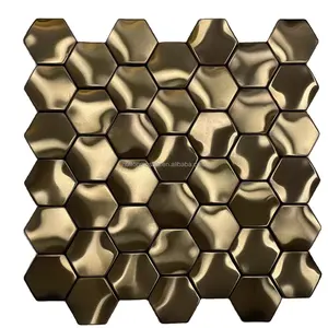 Mosaico de aço inoxidável para decoração de paredes, superfície de lustra 3D em forma de hexágono cor ouro rosa