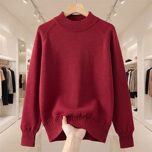 เสื้อสเวตเตอร์ผ้าฝ้ายหนาสำหรับผู้หญิง สีพื้น ทรงหลวม แขนยาว ป้องกันขนร่วง ผ้าถัก ปีใหม่ 2026 สีแดง - Product Image 5
