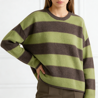 Pull-over ample en cachemire côtelé épais à rayures pour femme, col rond, collection hiver – Offre spéciale